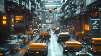 A futuristic warehouse filled with automated robots sorting and delivering packages, with high-tech conveyor belts and drones flying overhead. The background features sleek, modern architecture 