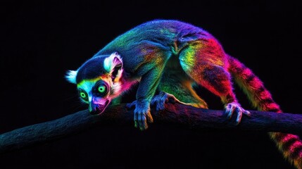 Playful neon lemur illuminated with glowing colors, climbing dynamically against a deep black background