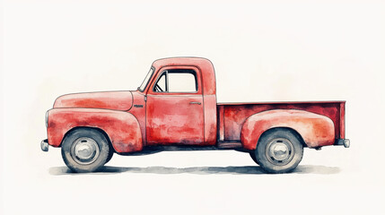 Red Pickup Truck Watercolor.