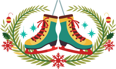 Festive ice skates adorned with bright colors are enclosed by holiday ornaments and winter embellishments, conveying a joyful winter spirit.