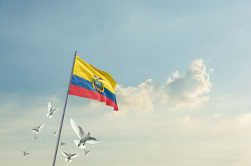 Ecuador flag waving with flying doves in beautiful sky. Ecuador flag for Republic Day and Independence Day.