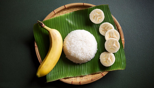 South Indian delicious breakfast puttu and banana served on a banana leaf 