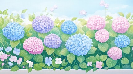 A vibrant illustration of hydrangeas in varying hues, showcasing nature's beauty and tranquility in a serene garden setting.