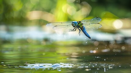 Dragonfly over the pond close up