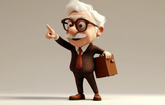 3D Cartoon Character of an Elderly Man with White Hair and Glasses Pointing with a Briefcase