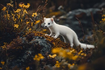 Fototapeta premium A white weasel stands alert on a rock, surrounded by soft-focus greenery, with a curious expression and bright eyes.