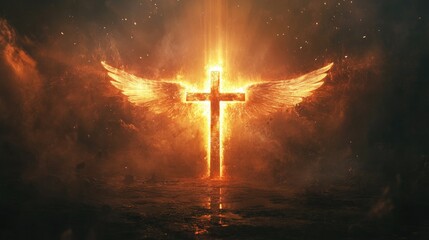 Radiant cross with angel wings glowing in a mystical scene, dramatic light beams illuminating the divine presence