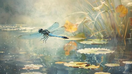 Dragonfly over the pond close up