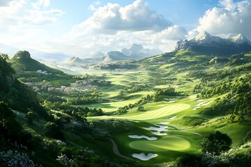 Fototapeta premium Lush Green Valley Golf Course with Mountain Views.