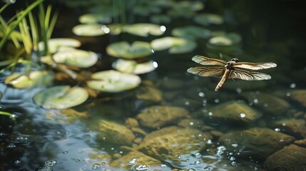 Dragonfly over the pond close up