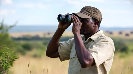 A confident safari guide observes wildlife through binoculars, embodying adventure and exploration in the vast South African landscape