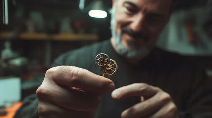 A happy swiss watchmaker holds a tiny watch mechanism with care, showcasing craftsmanship and passion in a warm, inviting workshop