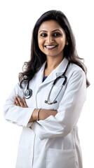 A smiling indian female doctor in a white coat with a stethoscope, exuding confidence and professionalism, stands with her arms crossed against a clean background