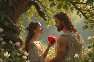 lapse from virtue. Adam and Eve in Garden of Eden. Eva giving Adam red apple. serpent tempter in paradise. Christian religious legendary story. green ancient snake devil lucifer satan. fall from grace