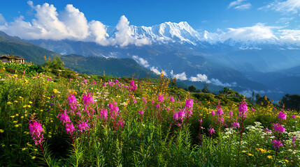 A scenic view of the Himalayas with native medicinal plants in the foreground, highlighting their natural environment 