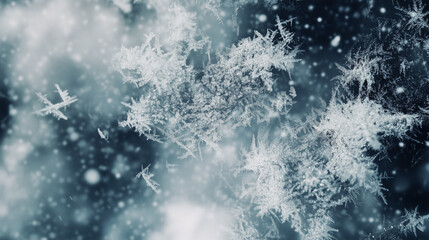 Close-up of a snowy backdrop with a dense pattern of frost-covered snowflakes on a dark blue background, creating a textured and immersive effect