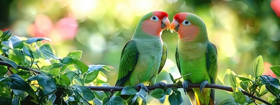 two green parrots. Selective focus
