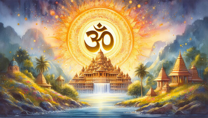 watercolor painting art of Hindu temples cityscape, Hindu religion background with Hindu symbol om text for tourism, Hindu festival, greeting, ceremony related concept