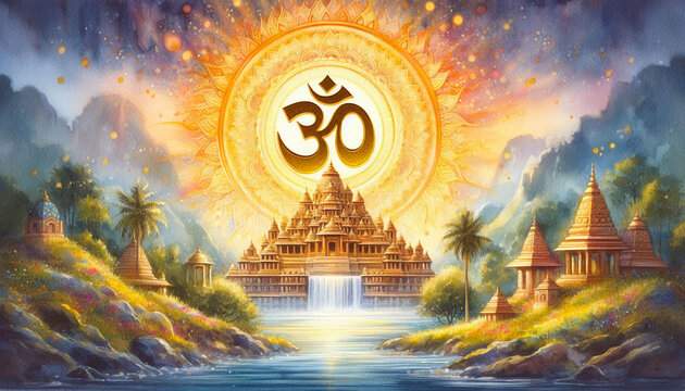 watercolor painting art of Hindu temples cityscape, Hindu religion background with Hindu symbol om text for tourism, Hindu festival, greeting, ceremony related concept