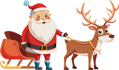 Santa Claus stands next to a reindeer, holding a rope attached to the reindeer's harness. He is standing next to his sleigh.