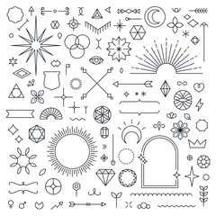 Set of linear thin line art deco boho retro vintage design elements. Geometric shapes, Outline symbols