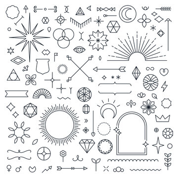 Naklejki Set of linear thin line art deco boho retro vintage design elements. Geometric shapes, Outline symbols