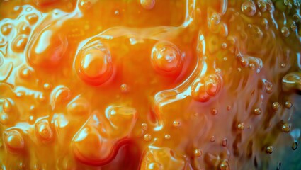 Fiery Fluid Dance. Extreme close-up of orange and blue liquid with bubbles, showcasing intricate patterns and dynamic movement.