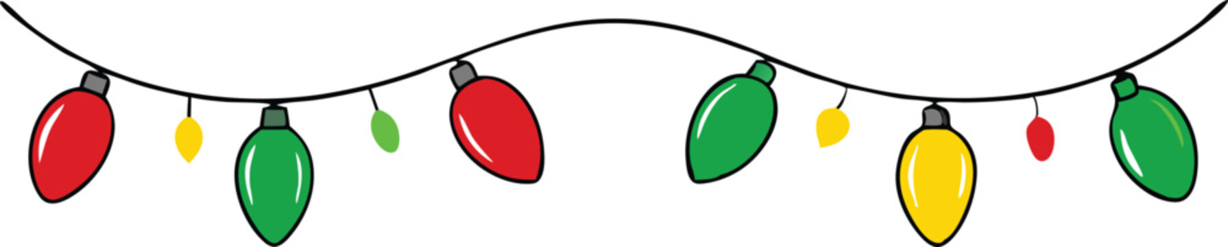 A string of lights with red, green, and yellow bulbs hangs from.