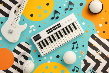 Obraz premium abstract image of various musical instruments depicting an energetic and entertaining atmosphere, suitable for wall decoration and others. 2d & 3d illustrations.