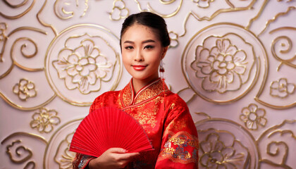 a woman dressed in a traditional red Chinese qipao a woman dressed in a traditional red Chinese qipao, rich red and gold tones that symbolize prosperity and good fortune in Chinese tradition, china