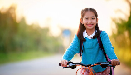 Obraz premium girl riding a bicycle outdoors, smiling as she enjoys the fresh air. Dressed casually with a backpack, the image captures youthful joy, freedom, and the simple pleasures of outdoor activities