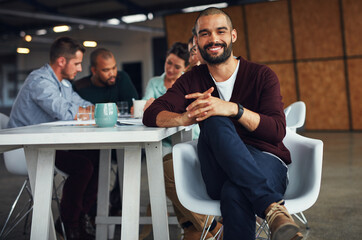 Portrait, meeting and happy business man in office for opportunity, coworking and internship experience. Smile, professional and confident news editor working with creative team at startup company