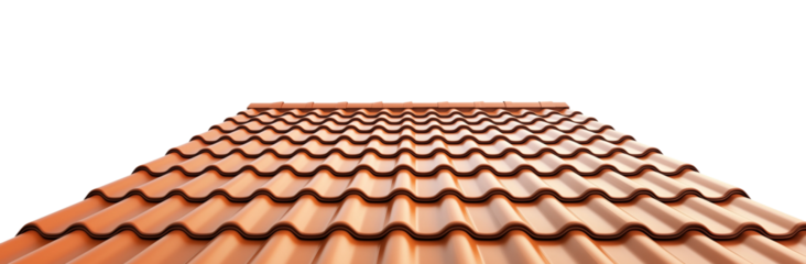 Detailed view of a terracotta tiled roof captured on a clear background, showcasing the texture and pattern during daylight