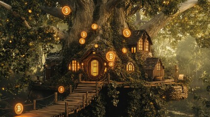 Obraz premium A fairy house inside a grand white oak tree, with bitcoins scattered across wooden bridges and symbols of economic prosperity intertwined with nature.