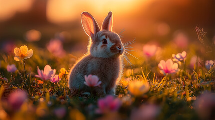 Fluffy Easter Bunny in a Blooming Flower Meadow - Springtime Charm