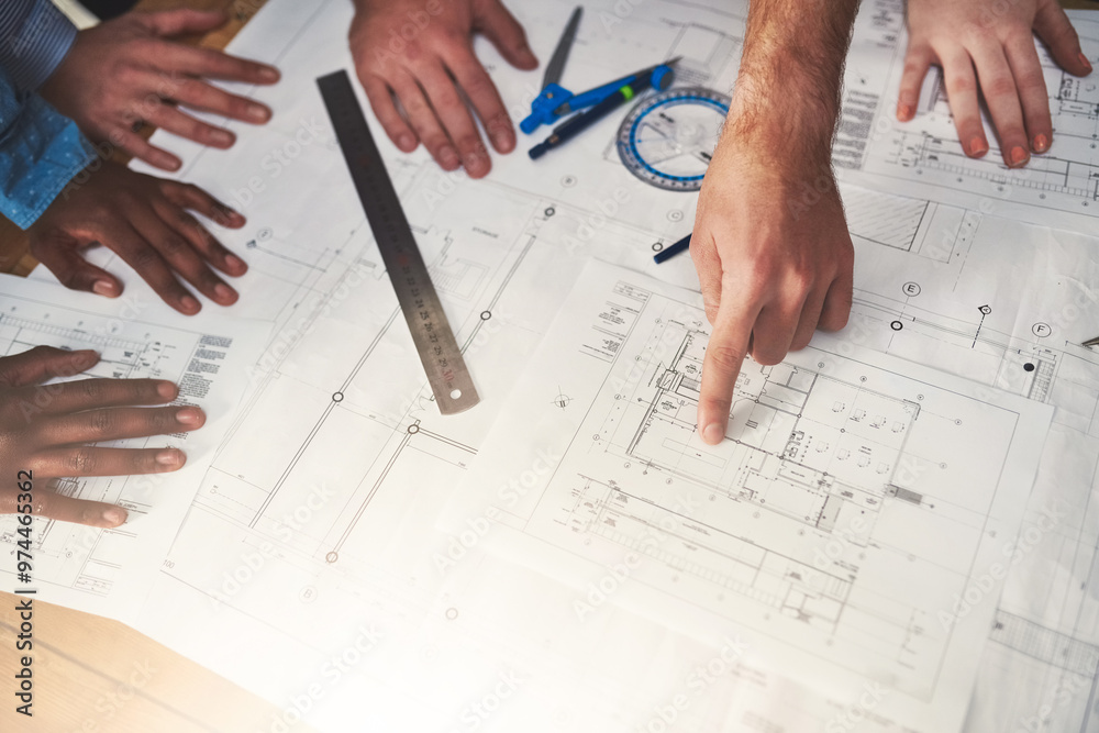 Poster Hands, design and architecture in workshop for blueprint, drawing and measurement for building. People, professional and architect for construction, project or property with stationary or engineering