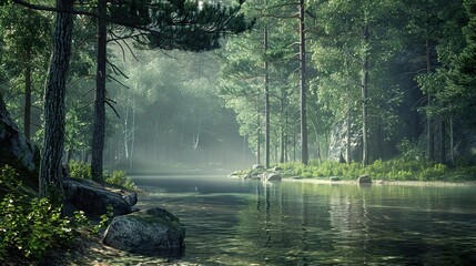 Serene Forest River Landscape with Sunlight and Fog