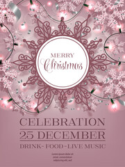 christmas party poster with pink glitter snowflakes, christmas lights and snowflake shaped label