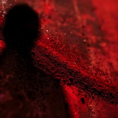 Vibrant red glitter and glowing dust particles scattered on a dark background.