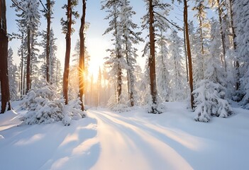 Obraz premium Snow-covered treetops in a forest scene, with thick snow blanketing the entire area, creating a serene view. 