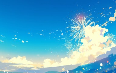 Blue Sky with Fireworks Blooming in Light White and Dark Gray Flat Design
