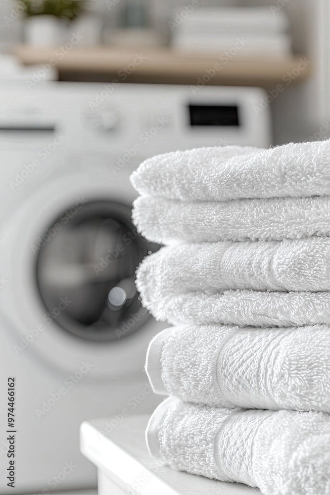 Poster white clean towels on the background of the washing machine. Selective focus