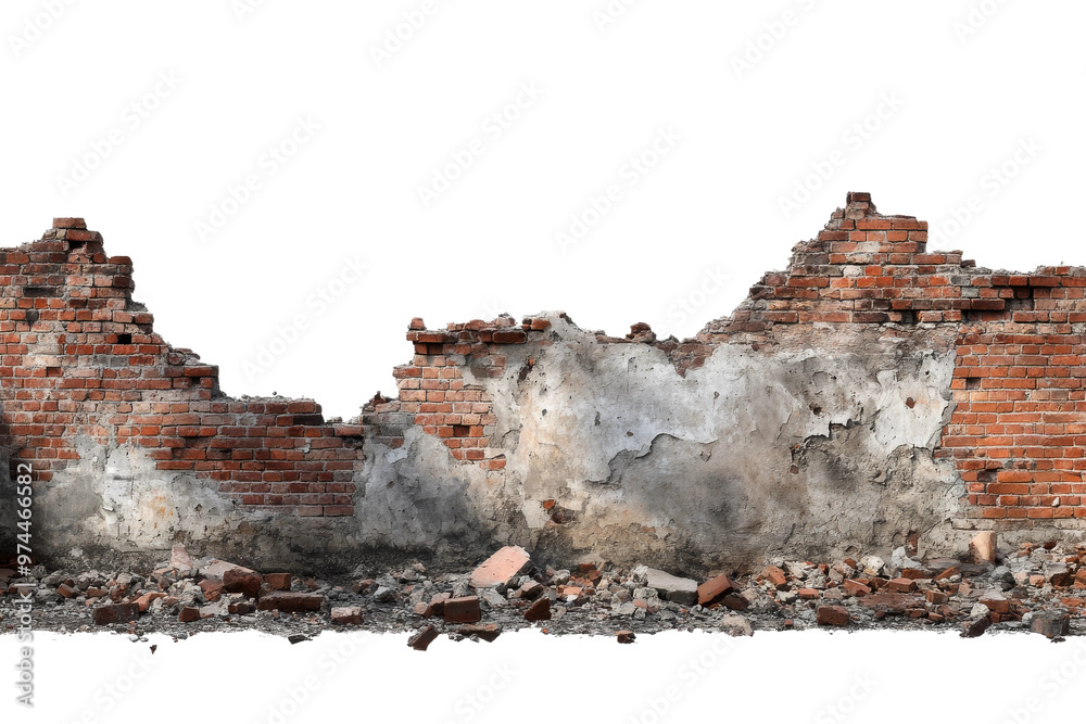 Wall mural cracked urban brick wall with exposed plaster and debris on a transparent background