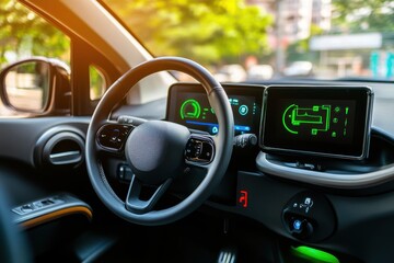 Battery Levels on Electric Car Dashboard with Spacious Copy Area and Bright Lighting