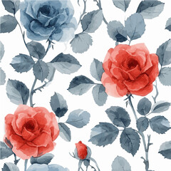 Watercolor-style roses in red and blue shades with green leaves. Great for elegant decor, packaging, and textile designs.