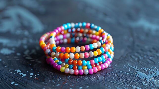 Set of three beaded children bracelets on a dark background closeup
