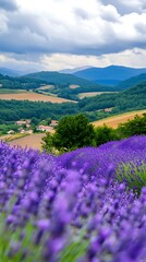 Purple Lavender Field with Rolling Hills and Cloudy Sky.
