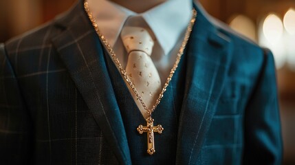 concept of baptism clothes of a boy. Selective focus