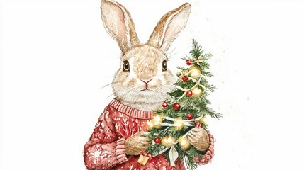 Obraz premium Christmas tree hare on a white background. Selective focus