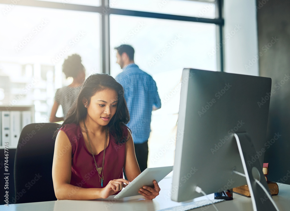 Poster business woman, tablet and research in office for social media, project administration and networkin